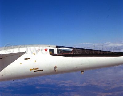Close-up photo of XB-70 taken from a chase plane during test flight