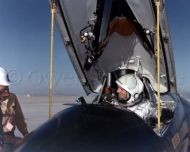 Test pilot Neil Armstrong in cockpit of X-15 after flight