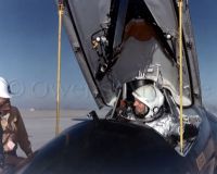 Test pilot Neil Armstrong in cockpit of X-15 after flight
