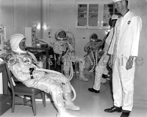 Apollo 1 crew suited for chamber test, Kennedy Space Center