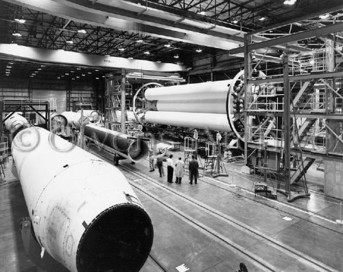 Partially-assembled first stage of SA-1 awaits propellant tank installation