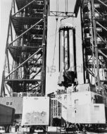 First SA-1 being hoisted in Complex 34 gantry at Cape Canaveral