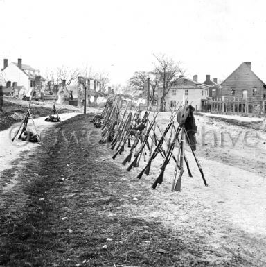 Row of stacked Federal rifles, Petersburg