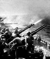 40mm Bofors gun firing aboard USS Hornet