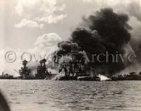 Battleship Row on fire, USS Arizona, USS Tennessee and USS West Virginia
