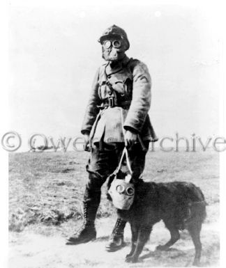 French sergeant and dog wearing gas masks